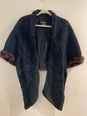 Gunther Jaeckel Black Faux Shearling Capelet with Brown Fur Trim